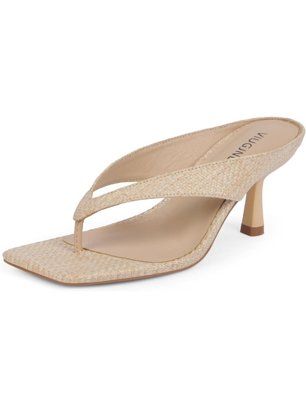 Women’s Beige Kitten Heels Flip Flop Slip On Open Toe Low Heels Thong Square Toe